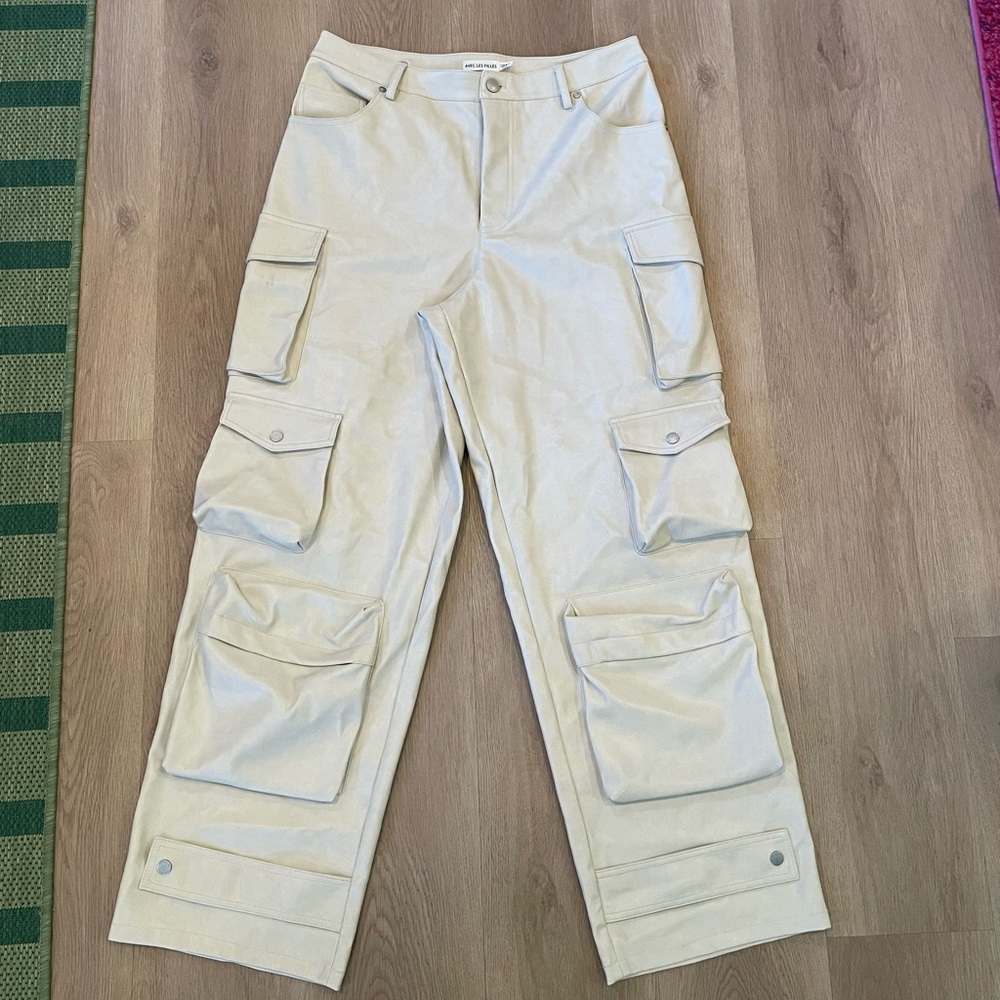 Cream Faux Leather Pants